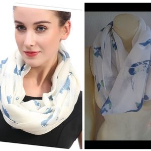 LOOK Collection Light 100% Cotton Scarf White Blue Bird's Print OS Nwt
